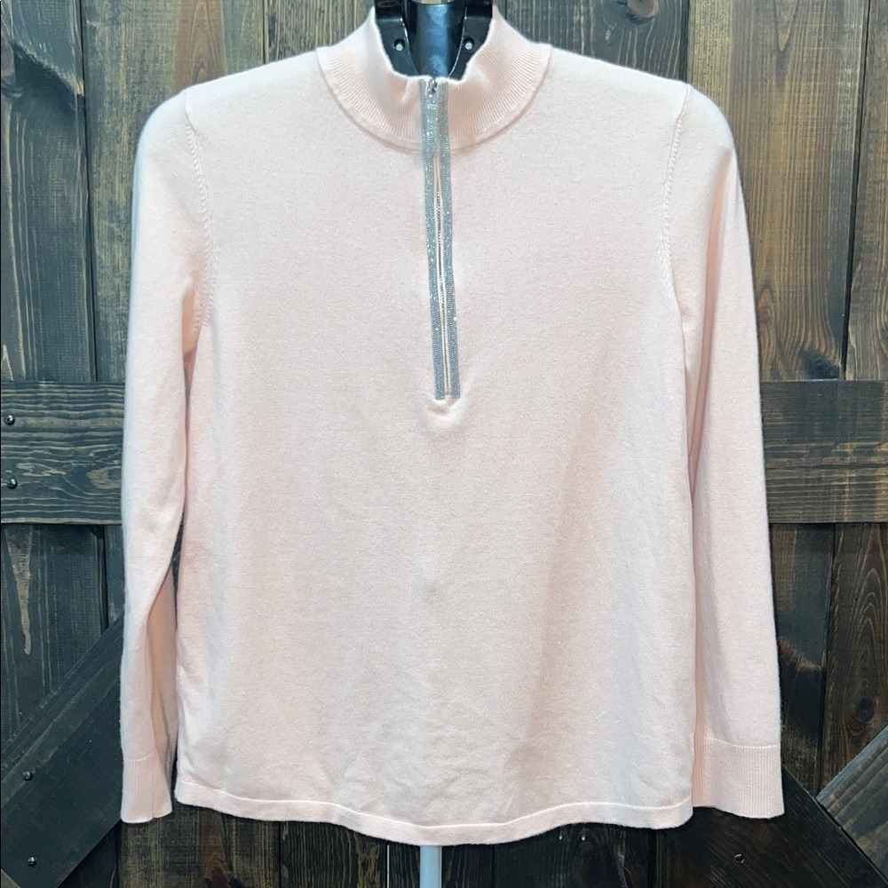Chicos Pink Half Zip Bling Pullover Sweater 1 M Mock Neck L/S Cozy Layering Luxe